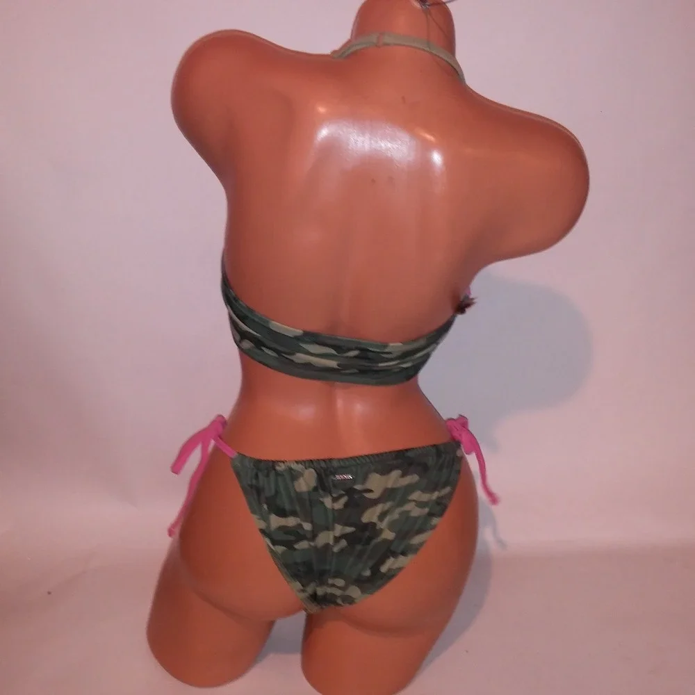 Victoria Secret PINK Swim Bikini Medium Top & Bottom Green Camo String Bandeau